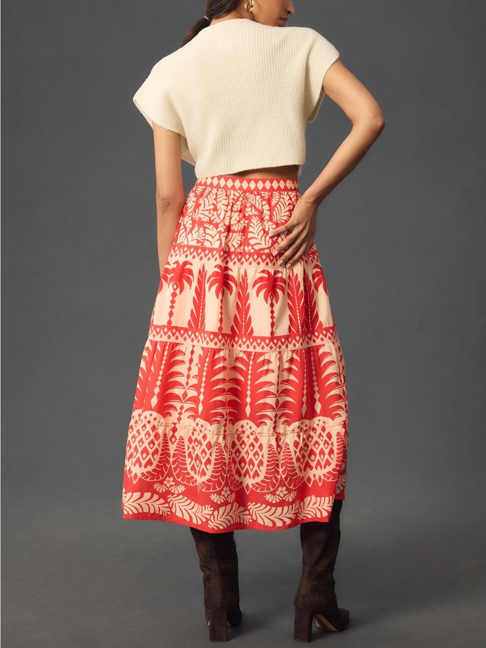 FARM Rio x Anthropologie Red and Cream Paradise Printed Midi Skirt